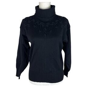 Vintage Ossi Black Embroidered Wool Turtleneck Sweater Nordic Alpine Size Small